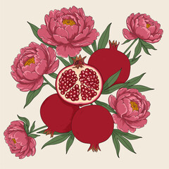 Botanical Illustration: Pomegranates and Pink Peony Flowers with Green Leaves