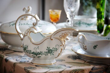 Vintage-Porzellan- und Glasgeschirr auf einem eleganten Esstisch