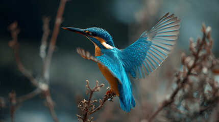 A vibrant kingfisher perched on a branch with its wings gracefully spread in a moment of avian beauty