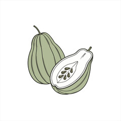 Illustration of a whole and halved green papaya fruit with seeds