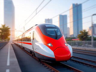 Fototapeta premium A high-speed train in motion, formed from sleek trapezoidal and streamlined color blocks, viewed from a dynamic front angle, with a background of blurred urban landscapes.