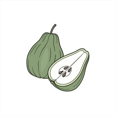 Green pear and half pear with seeds illustration