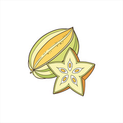 Illustration of a whole and sliced star fruit on a white background