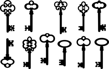 Antique key Vector Black silhouettes. Medieval and modern keys, vintage shapes set. Open door symbols, privacy and escape. Abstract tidy elements. with white background