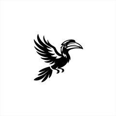 Stylized black hornbill bird in flight silhouette