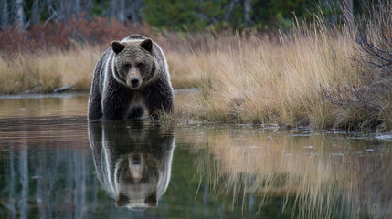 A grizzly bear stands in a shallow body of water with its reflection visible on the surface of the water