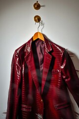 Elegant leather blazer in rich burgundy, studio shot with soft lighting and minimalist composition.
