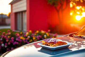 Fast food meal with burger, fries, drink, and dessert served on a tray placed on a car hood with a bouquet of fresh flowers.
