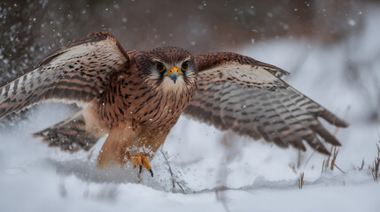 A kestrel with wings spread flying low over the snow covered ground in winter time close up shot