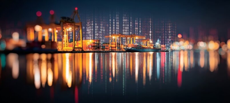 Futuristic night view of an illuminated port with glowing reflections and digital code overlay