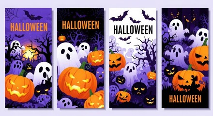 Spooky halloween banners featuring pumpkins ghosts bats and haunted trees