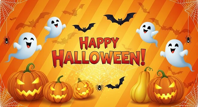 Happy Halloween greeting card with cute ghosts, spooky jack-o'-lantern pumpkins, and flying bats on an orange background