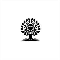 Stylized black frog sitting on a tree branch with leaves