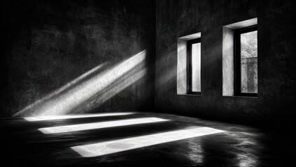 Dark room, sunbeams, textured walls,  windows