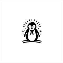 Cute cartoon penguin with a bow tie and radiating lines
