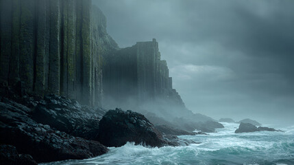 A view of basalt columns and rocky coast meeting the ocean under a cloudy sky with fog
