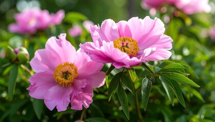 Obraz premium Delicate pink peonies in a garden setting