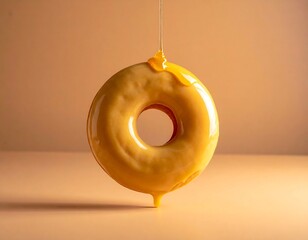 Dripping honey-glazed donut on a beige background