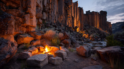 A campfire burns brightly at the base of a cliff with tall rock columns at dusk in a rocky landscape