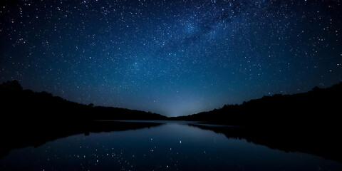Starry Night Sky Reflected on Dark Water Between Hills