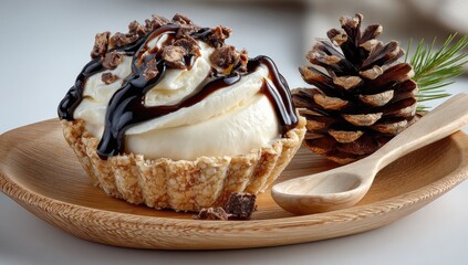 Creamy ice cream dessert in a crisp pastry shell, drizzled with dark chocolate