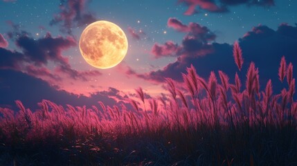 Full moon and Japanese pampas grass in midnight,The harvest Miscanthus sinensis and full moon,beautiful night sky in the countryside with the perfect moon exudes beauty in the dark.