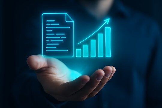 Hand holding illuminated document and graph representing business growth, financial success, and data analysis, a symbol of progress