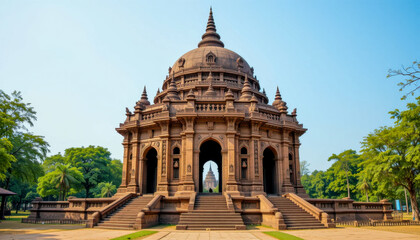 Fototapeta premium A stunning shot of a grand, ancient building with intricate details, set against a clear blue sky, showcasing its architectural beauty.