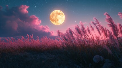 Full moon and Japanese pampas grass in midnight,The harvest Miscanthus sinensis and full moon,beautiful night sky in the countryside with the perfect moon exudes beauty in the dark.