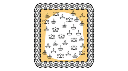 Illustration of lotus flowers and diyas on a golden background with a decorative border design square shape