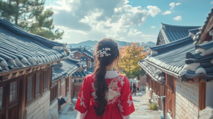 Back view of korean asian woman in traditional korean dress or hanbok dress walking in old palace in night with full moon, Seoul city, South Korea,copy space.