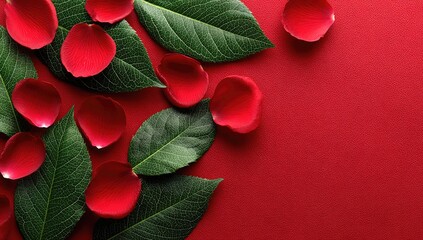 Red rose petals and leaves on a vibrant red background