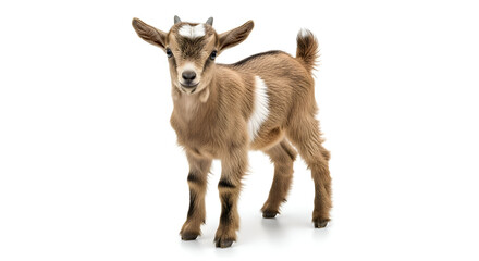 Fototapeta premium Adorable Baby Goat Standing on White Background in Studio Shot.