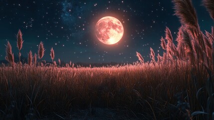Full moon and Japanese pampas grass in midnight,The harvest Miscanthus sinensis and full moon,beautiful night sky in the countryside with the perfect moon exudes beauty in the dark.