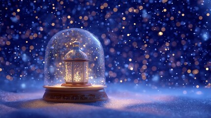 Magical snow globe digital animation with lantern isolated on the blue background