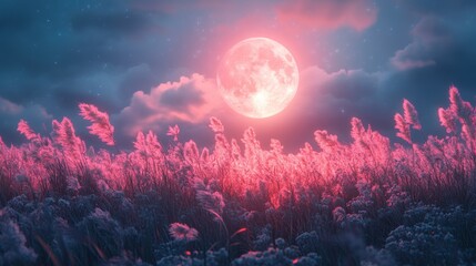Full moon and Japanese pampas grass in midnight,The harvest Miscanthus sinensis and full moon,beautiful night sky in the countryside with the perfect moon exudes beauty in the dark.
