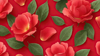 Coral roses and leaves on a scarlet backdrop. A repeating pattern of vibrant coral roses and deep green leaves on a rich red background.  Petals and leaves are detailed, creating a lush floral design