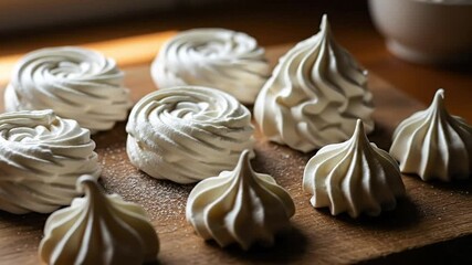 Nine meringue desserts on a wooden surface some swirled others peaked - Powered by Adobe