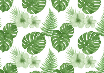 Exotic tropical green leaves seamless pattern. Isolated on white background. Watercolor illustration  Leaves of palm trees and monstera. Warm greens. For wallpaper, covers, scrapbooking.