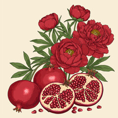 Red Peonies and Pomegranates Botanical Illustration. Hand-drawn vintage floral and fruit composition.
