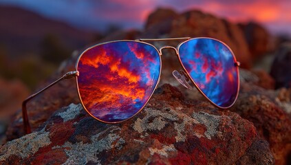 Aviator sunglasses reflecting a vibrant sunset