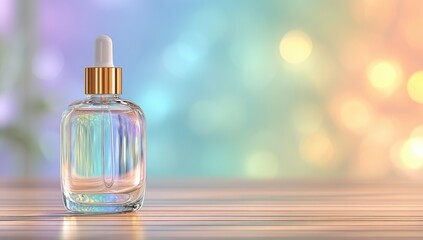 Clear glass dropper bottle on wooden surface, colorful bokeh background