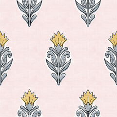Indian block print seamless pattern with floral element. Simple flower print on pink.