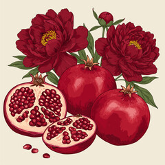 Rich Red Pomegranates and Peony Blooms Botanical Drawing