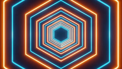 Blue and orange neon hexagon tunnel with glowing symmetry, futuristic light art background.