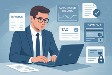 Businessman working laptop with financial documents and digital icons related to billing, tax, payment, and invoice blue background, representing modern digital finance workflow and automated