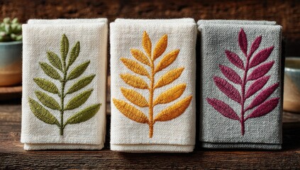 Three hand-embroidered towels featuring autumnal leaves