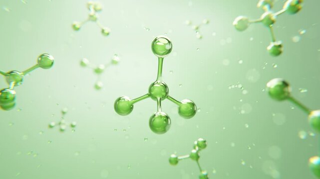 Realistic 3D animation of floating green molecules in serum liquid. Perfect for skincare, cosmetics, beauty ads, and science-based product visuals.