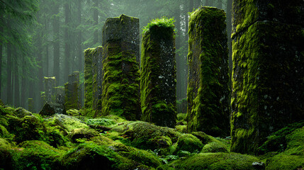 Moss covered stone pillars stand in a lush green forest with tall trees in the background on a foggy day