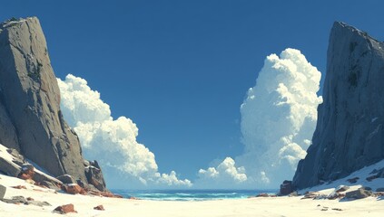 Coastal vista framed by massive rocks under a vibrant sky